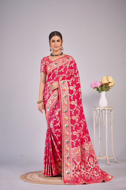 Pink Woven Saree with blouse piece