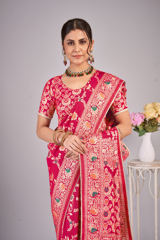 Pink Woven Saree with blouse piece