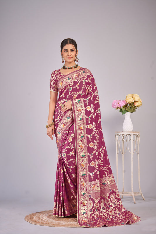 Maroon woven saree with blouse piece