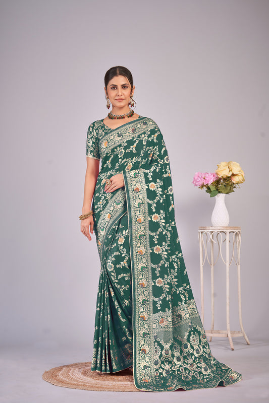Mehendi Green woven saree with blouse piece