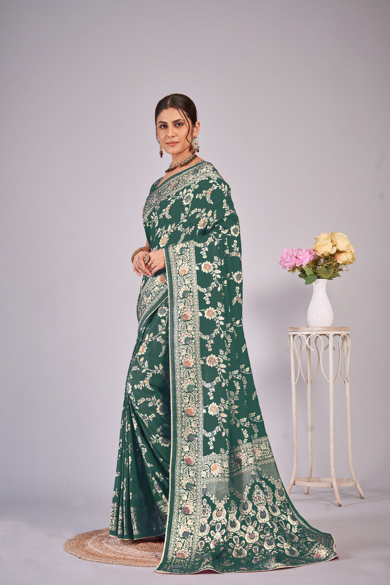 Mehendi Green woven saree with blouse piece