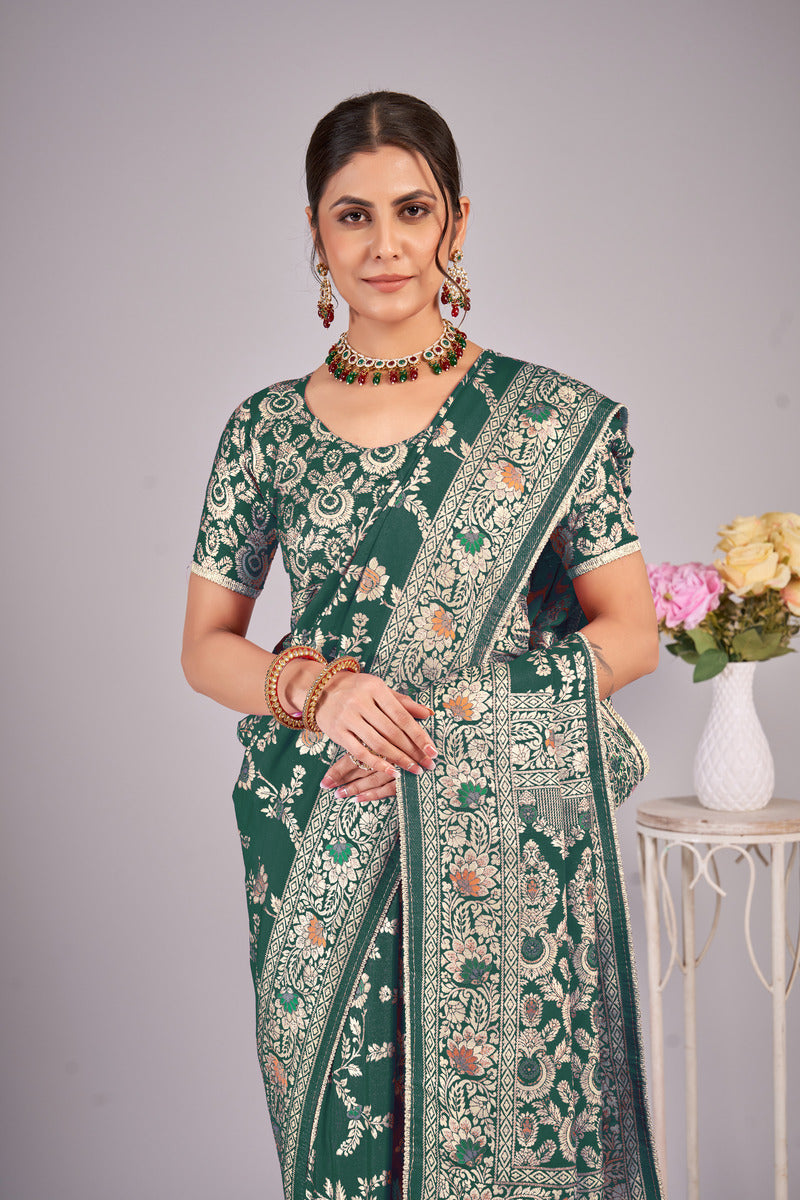 Mehendi Green woven saree with blouse piece