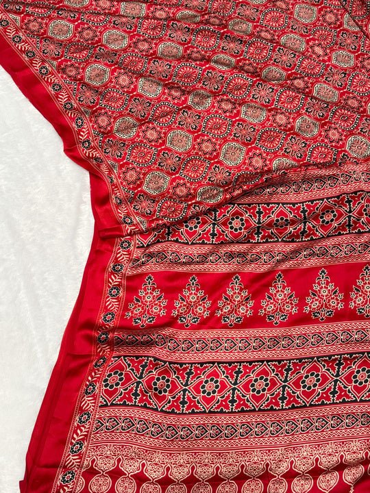 Red Ajrakh Printed Soft Modal Silk Natural Print Saree