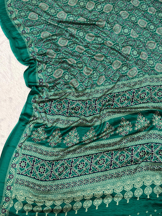 Sea Green Ajrakh Printed Soft Modal Silk Natural Print Saree