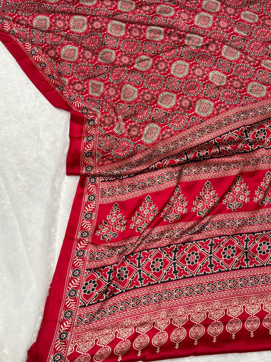 Maroon Ajrakh Printed Soft Modal Silk Natural Print Saree
