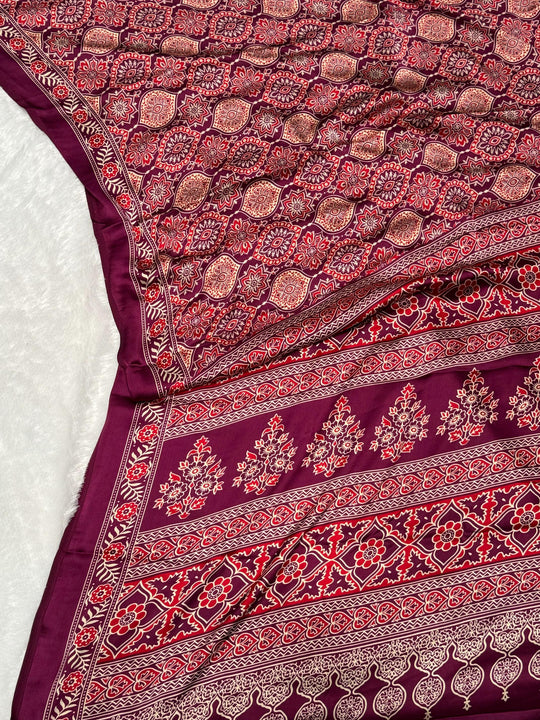 Wine Ajrakh Printed Soft Modal Silk Natural Print Saree
