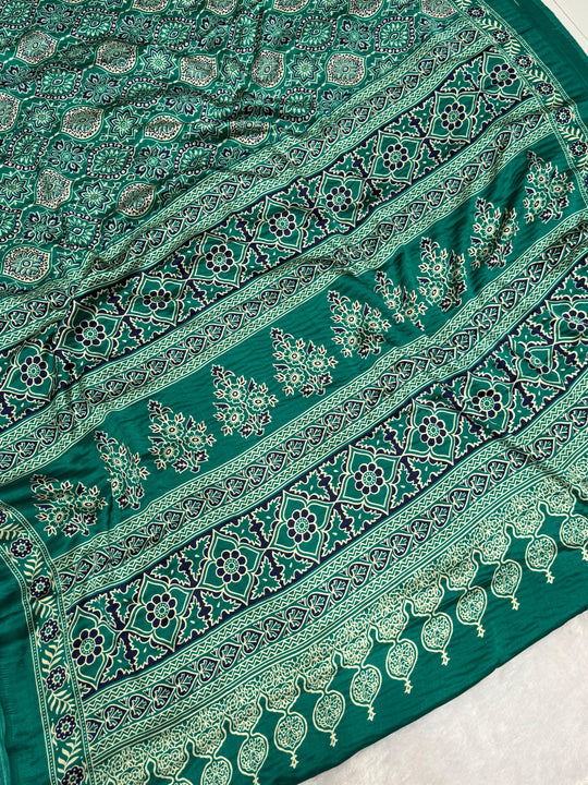 Sea Green Ajrakh Printed Soft Modal Silk Natural Print Saree