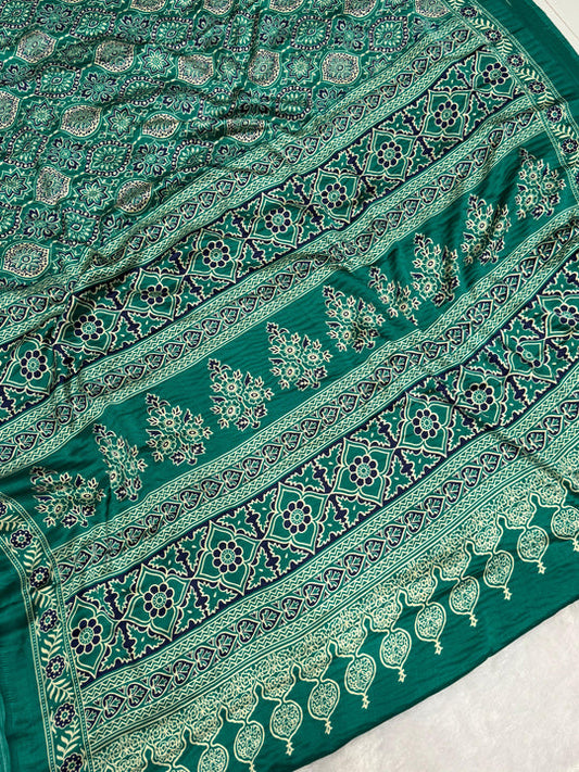 Sea Green Ajrakh Printed Soft Modal Silk Natural Print Saree
