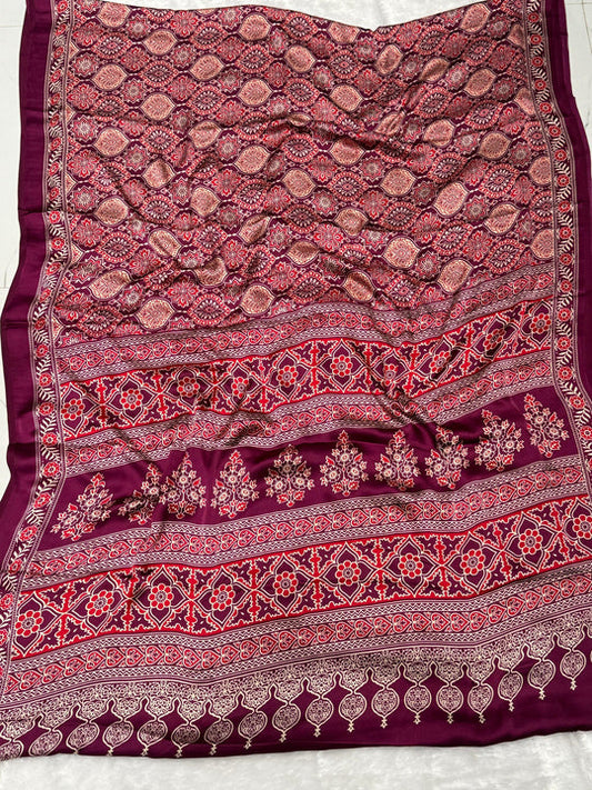Wine Ajrakh Printed Soft Modal Silk Natural Print Saree