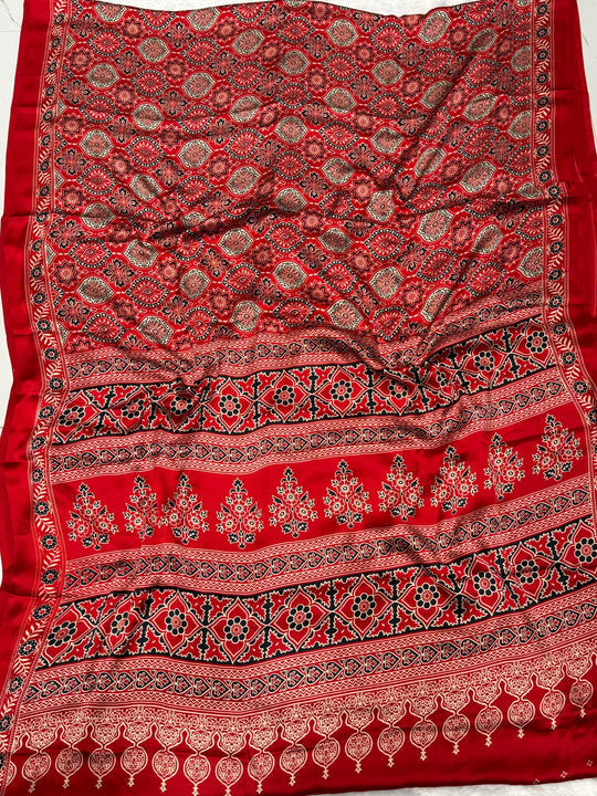 Red Ajrakh Printed Soft Modal Silk Natural Print Saree