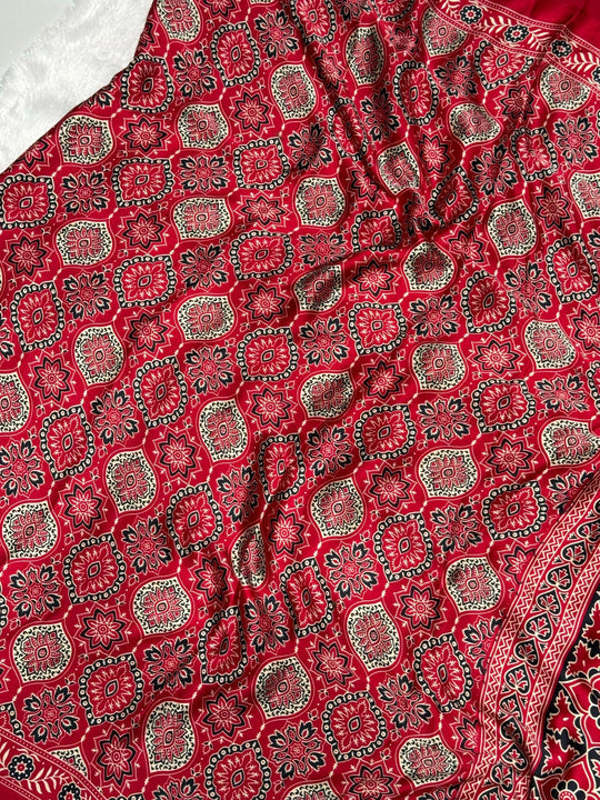Maroon Ajrakh Printed Soft Modal Silk Natural Print Saree
