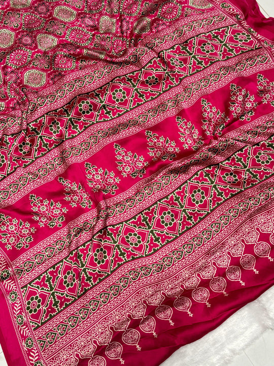 Rani Ajrakh Printed Soft Modal Silk Natural Print Saree