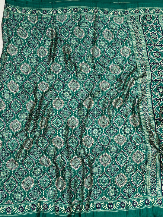 Sea Green Ajrakh Printed Soft Modal Silk Natural Print Saree