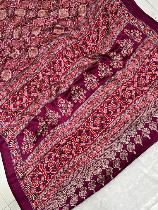 Wine Ajrakh Printed Soft Modal Silk Natural Print Saree