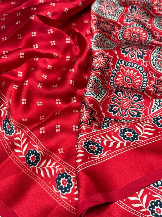Red Ajrakh Printed Soft Modal Silk Natural Print Saree