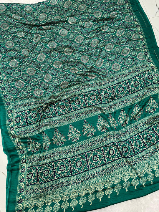 Sea Green Ajrakh Printed Soft Modal Silk Natural Print Saree