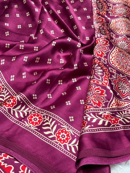 Wine Ajrakh Printed Soft Modal Silk Natural Print Saree