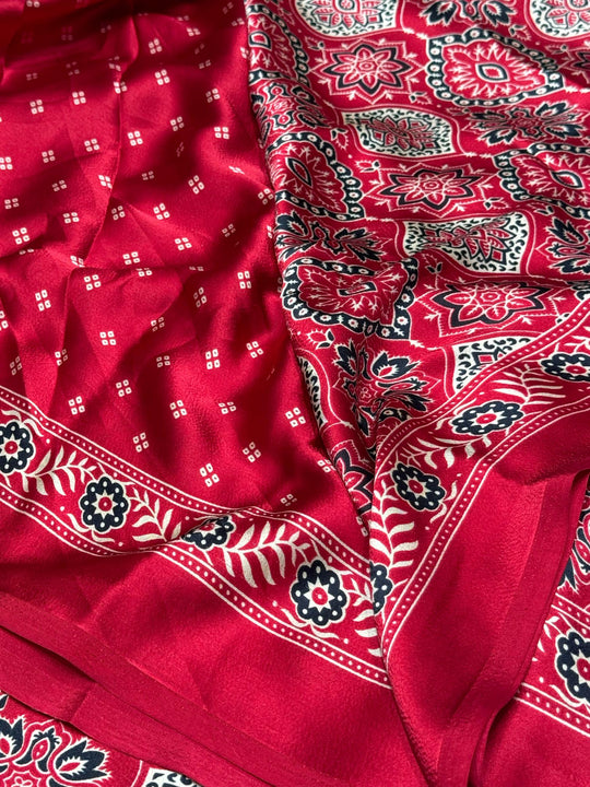 Maroon Ajrakh Printed Soft Modal Silk Natural Print Saree