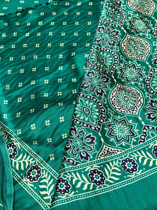 Sea Green Ajrakh Printed Soft Modal Silk Natural Print Saree