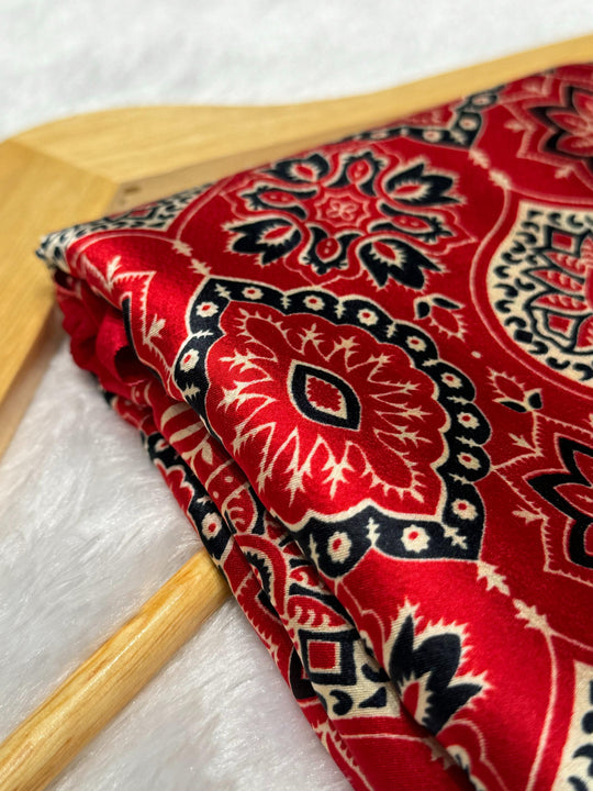 Red Ajrakh Printed Soft Modal Silk Natural Print Saree