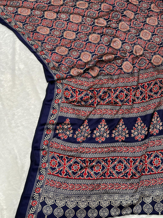 Blue Ajrakh Printed Soft Modal Silk Natural Print Saree