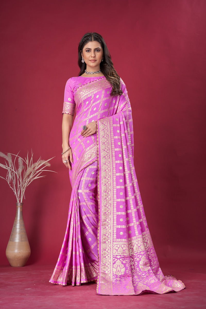 Pink woven saree with blouse piece