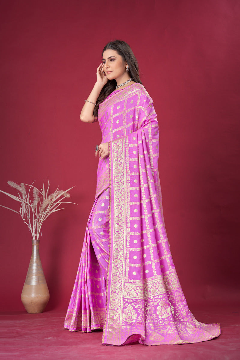 Pink woven saree with blouse piece