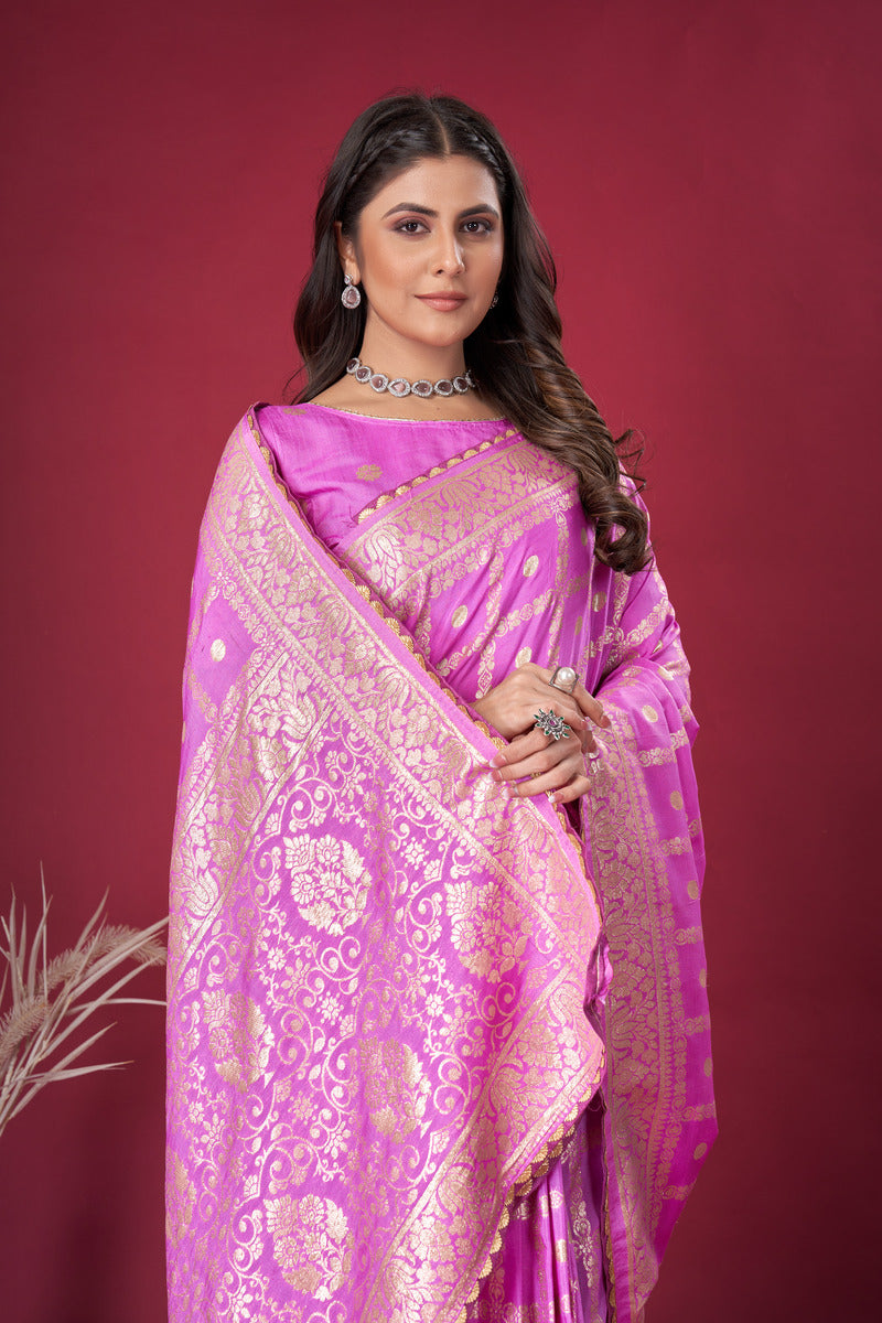 Pink woven saree with blouse piece