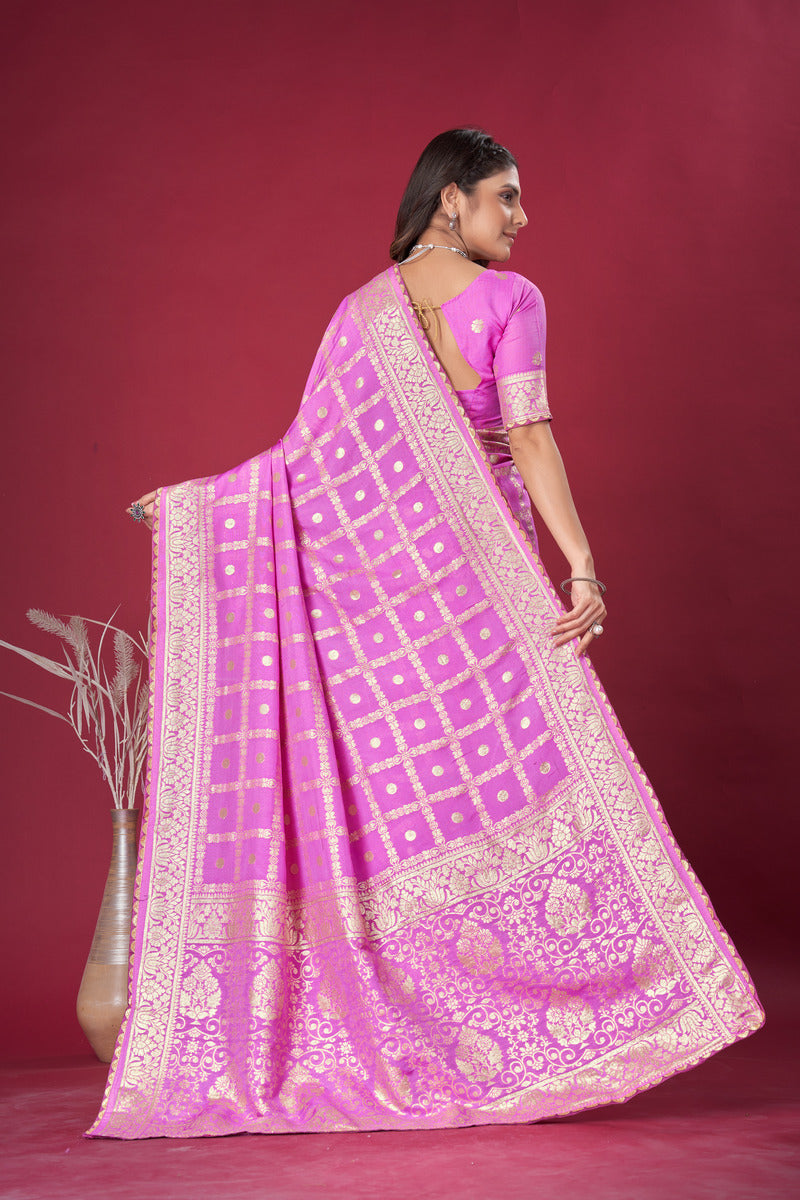 Pink woven saree with blouse piece