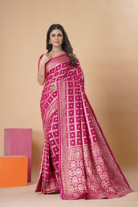 Rani Pink woven saree with blouse piece