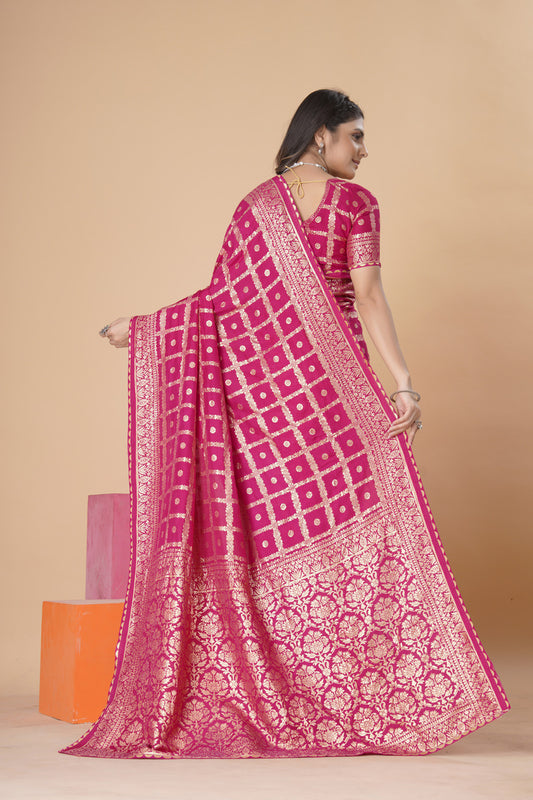 Rani Pink woven saree with blouse piece