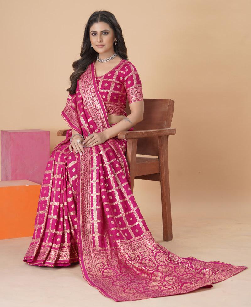 Rani Pink woven saree with blouse piece