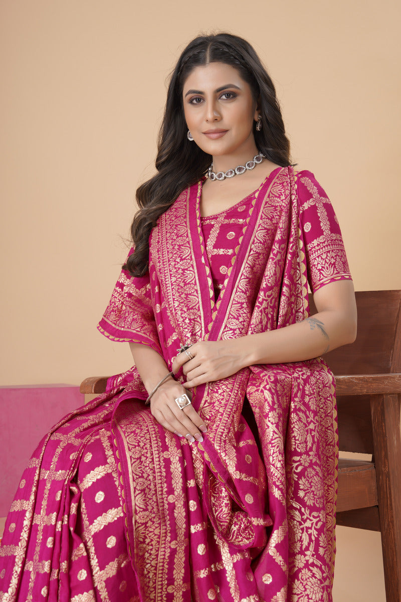 Rani Pink woven saree with blouse piece