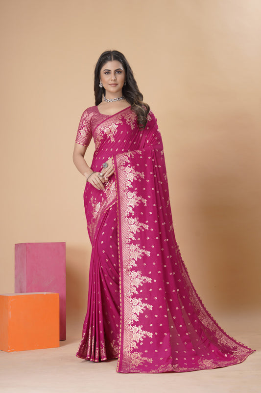 Rani Pink woven saree with blouse piece