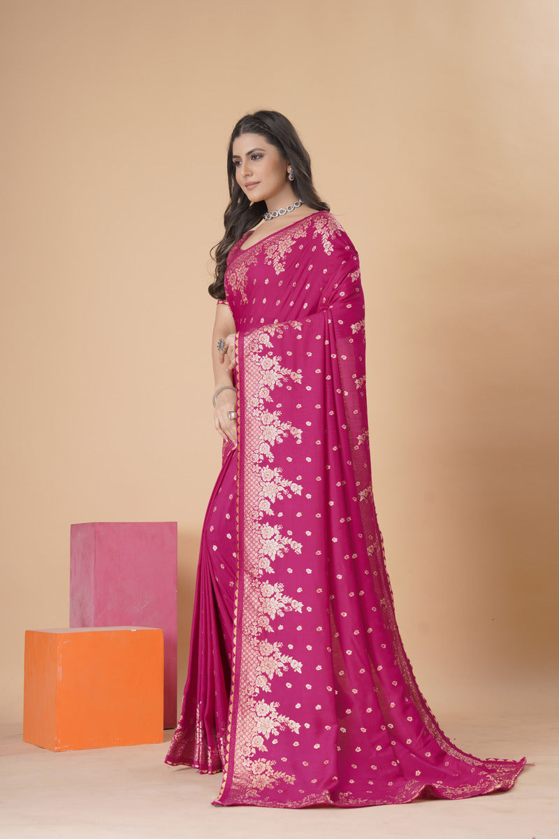 Rani Pink woven saree with blouse piece