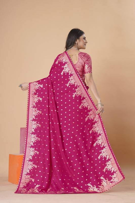 Rani Pink woven saree with blouse piece