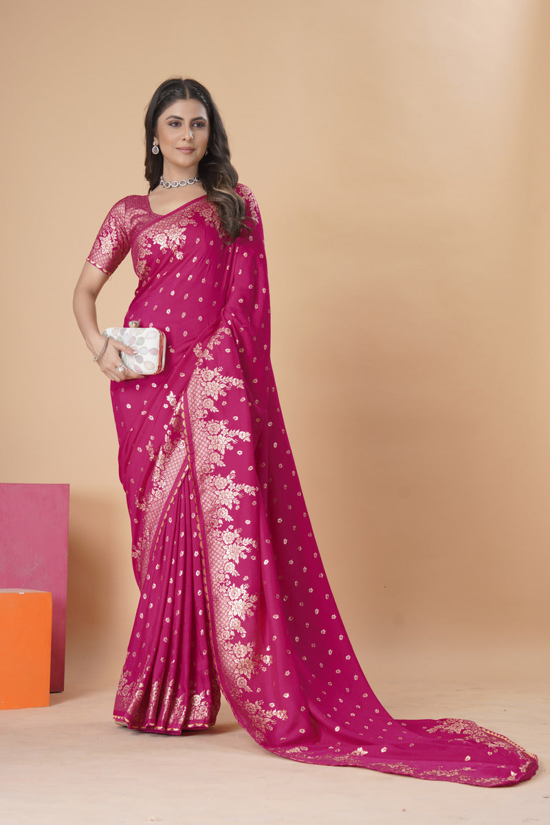 Rani Pink woven saree with blouse piece