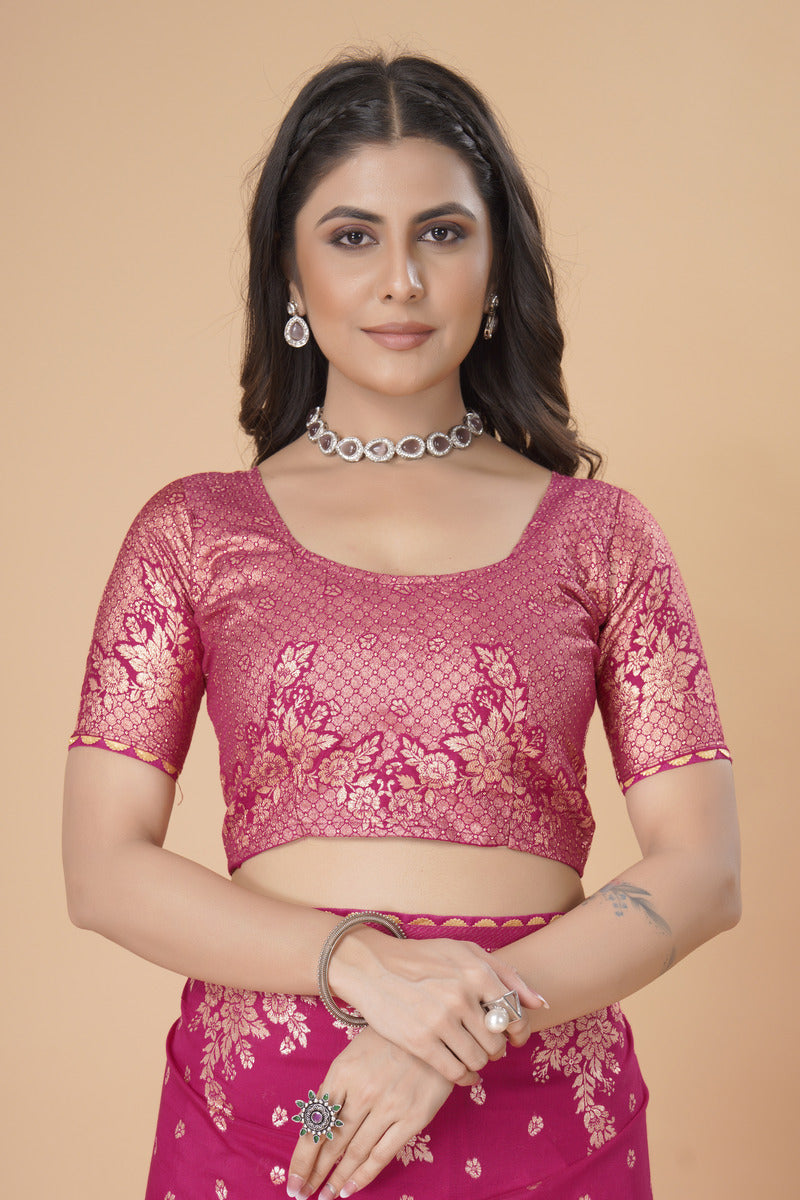 Rani Pink woven saree with blouse piece