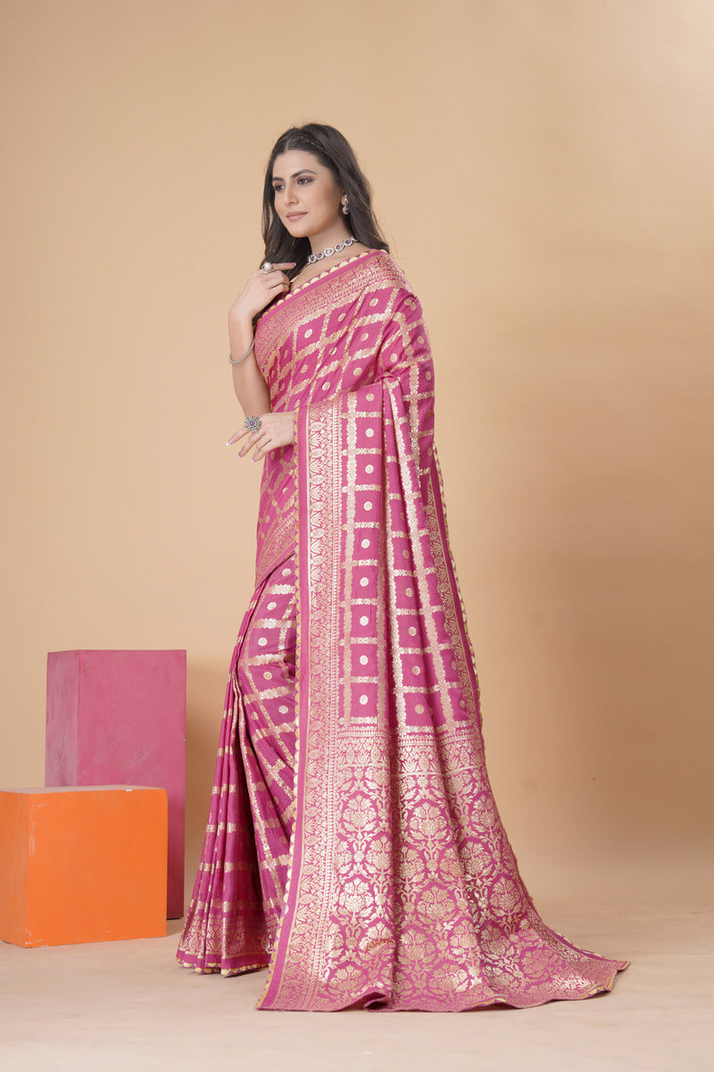 Coral Pink woven saree with blouse piece