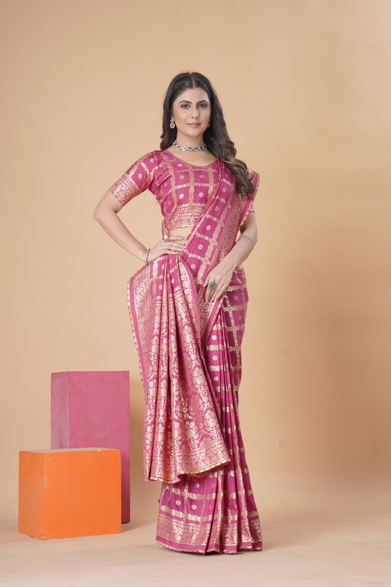 Coral Pink woven saree with blouse piece