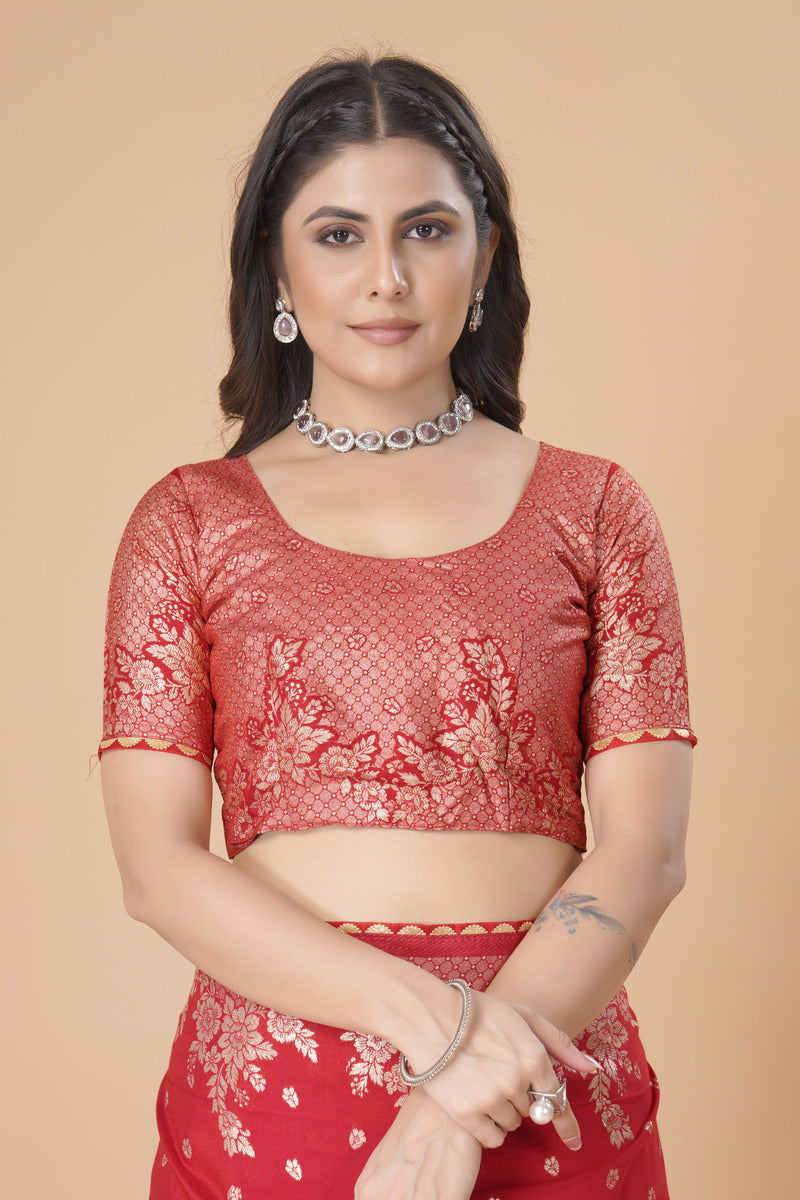 Red woven saree with blouse piece