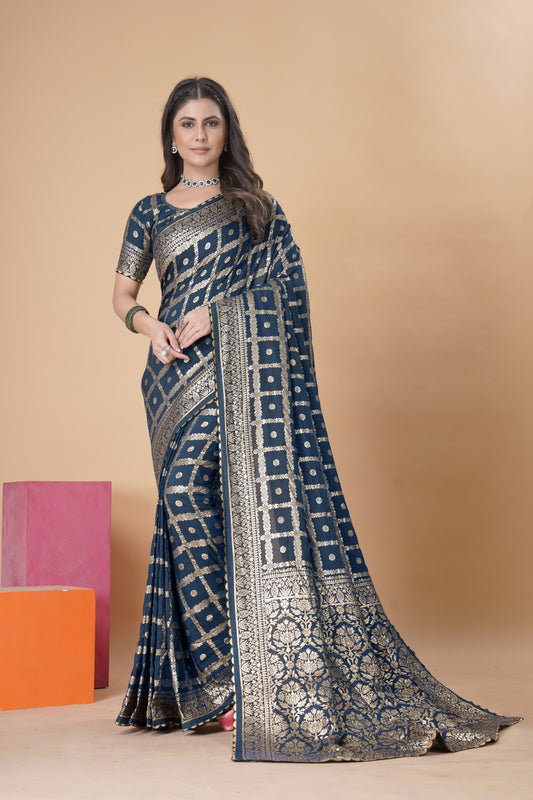 Navy Blue woven saree with blouse piece