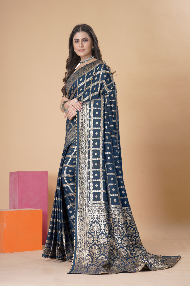 Navy Blue woven saree with blouse piece
