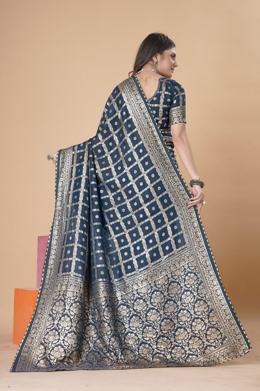 Navy Blue woven saree with blouse piece