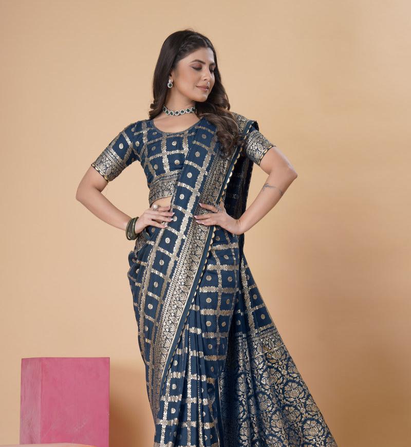 Navy Blue woven saree with blouse piece