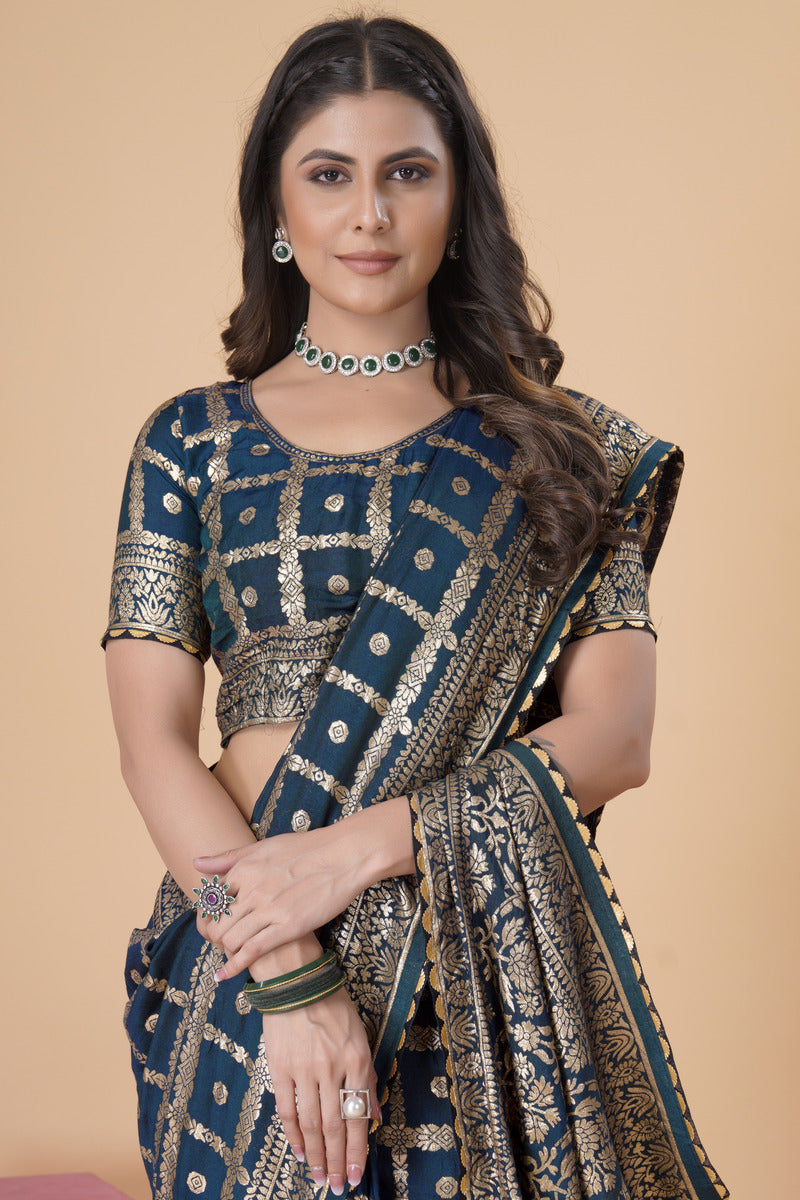 Navy Blue woven saree with blouse piece