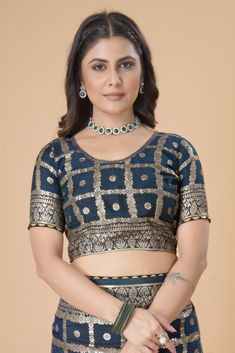 Navy Blue woven saree with blouse piece
