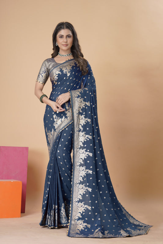 Navy Blue woven saree with blouse piece