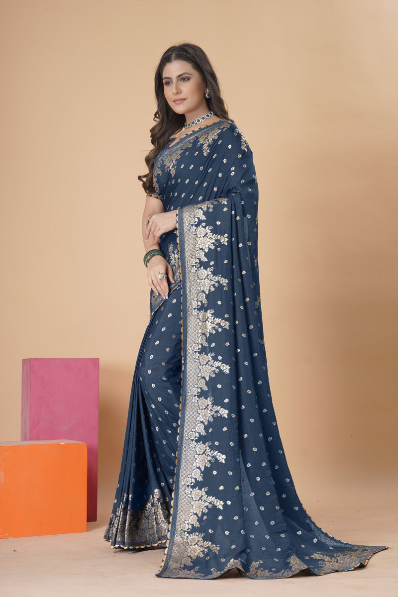 Navy Blue woven saree with blouse piece