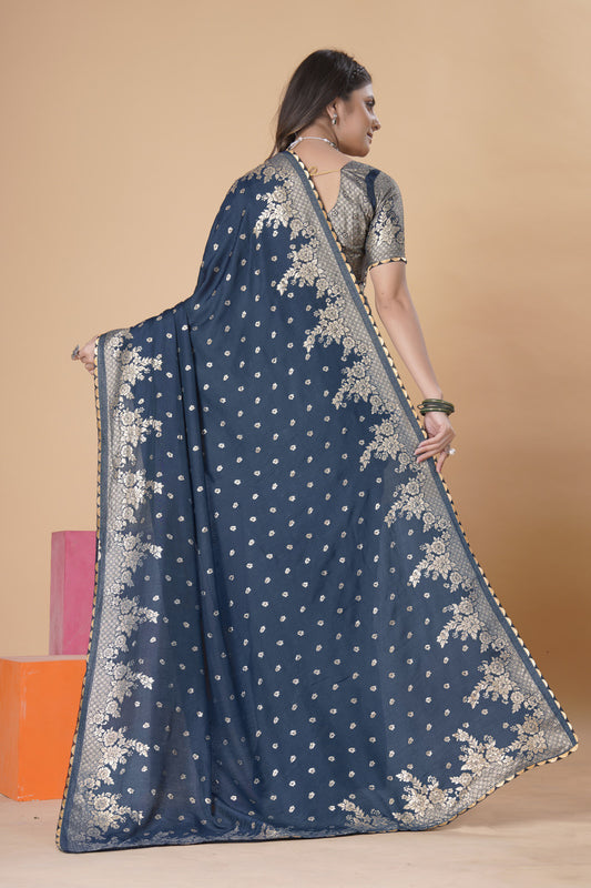 Navy Blue woven saree with blouse piece